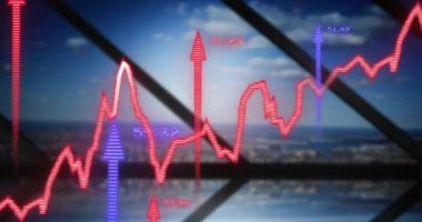 Animation of financial data processing over cityscape. Global business, finances, computing and data processing concept digitally generated video.