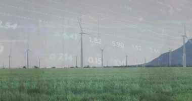 Rüzgar türbinleri ve kırsal alanlarda veri işleme animasyonu. Küresel rüzgar enerjisi, iş dünyası, finans, hesaplama ve veri işleme kavramı dijital olarak oluşturulmuş video.