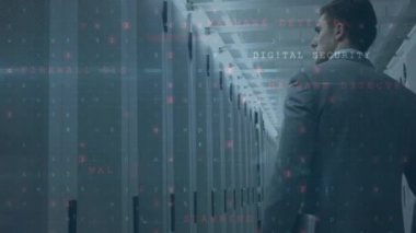 Birden fazla metin, harf, sembol, numara, sunucu raflarını kontrol eden Kafkas mühendisi animasyonu. Dijital bileşik, şifre, erişim, iş, veri merkezi, güvenlik, ağ, teknoloji.