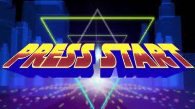 Neon desenli arkaplan üzerinden başlat metninin canlandırması. Küresel video oyunu, dijital arayüz, iletişim, bilgisayar ve veri işleme kavramı dijital olarak oluşturuldu.