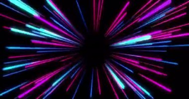 Siyah zemin üzerinde mavi ve pembe neon ışık izlerinin animasyonu. Soyut, neon ve ışık konsepti, dijital olarak üretilen video.