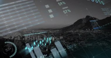 Animation of financial data processing over cityscape. Global business, finances, computing and data processing concept digitally generated video.