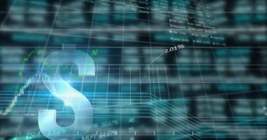 Amerikan doları sembolü üzerinden finansal veri işleme animasyonu. Küresel iş, finans, hesaplama ve veri işleme kavramı dijital olarak oluşturulmuş video.