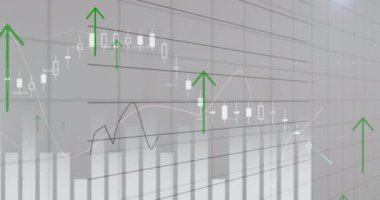 Gri arkaplan üzerinde değişen sayılar ile birden fazla grafik üzerinde oklar animasyonu. Dijital bileşik, çoklu pozlama, rapor, iş, büyüme, ilerleme, yön ve soyut kavram.