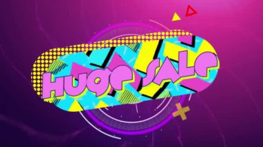 Geçmişe dönük canlı şablon üzerine devasa satış metninin animasyonu. Satışlar, perakende, alışveriş, dijital arayüz, iletişim, bilgisayar ve veri işleme kavramı dijital olarak oluşturuldu.