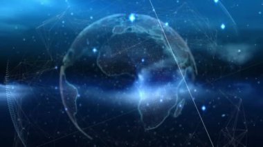 Rakamların üzerindeki oklar ve soyut arkaplanda dünyanın dört bir yanındaki bağlantılı noktaların canlandırılması. Dijital olarak üretilen, hologram, illüstrasyon, iletişim, iş, büyüme ve küreselleşme kavramı.