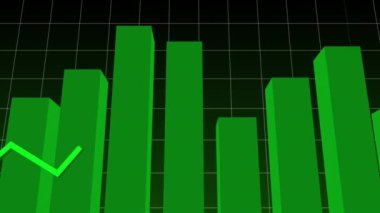 Yeşil arkaplan üzerinden istatistiksel veri işleme animasyonu. Bilgisayar arayüzü ve iş veri teknolojisi kavramı