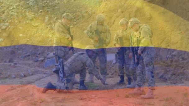 Animation Der Kolumbianischen Flagge Über Verschiedenen Soldaten Patriotismus Streitkräfte Und — Stockvideo