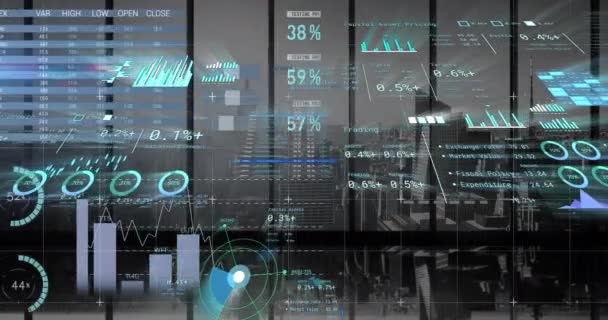 都市における金融データ処理のアニメーション グローバルビジネス コンピューティング データ処理の概念デジタル生成ビデオ — ストック動画
