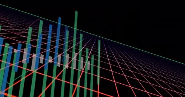 Animace Mnohobarevných Grafů Přes Mřížkový Vzor Černém Pozadí Digitálně Generovaný — Stock video