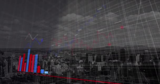 Animation Financial Data Processing Cityscape Global Business Finances Computing Data — Vídeo de Stock
