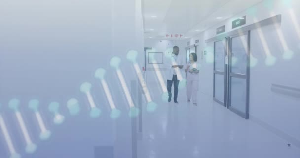 Hastanedeki Çeşitli Doktorlar Üzerinde Dna Veri Işleme Animasyonu Küresel Sağlık — Stok video