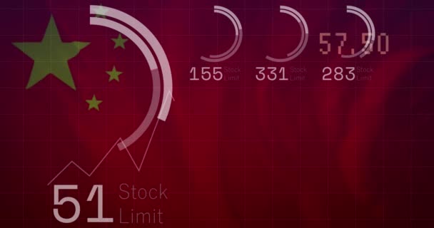 中国の波の旗の上のローディング円 グラフおよび変化する数字のアニメーション デジタル複合 複数の露出 ビジネス 愛国心のコンセプト — ストック動画