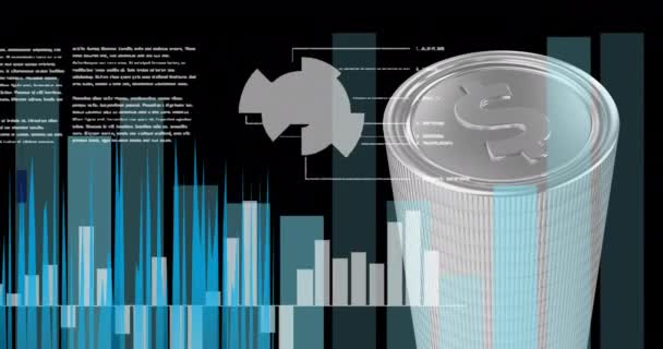 Animação Processamento Dados Financeiros Sobre Pilhas Moedas Prata Dólar Americano — Vídeo de Stock