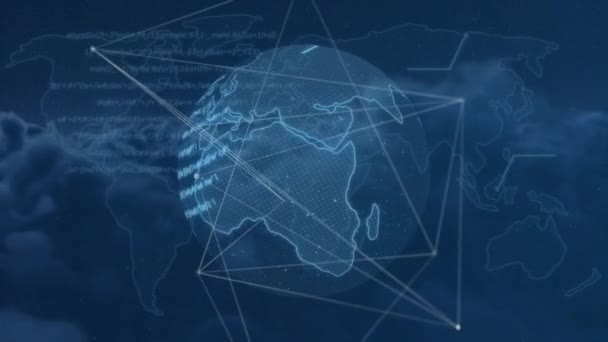 Animacja Globu Siecią Połączeń Niebieskim Tle Globalne Sieci Przedsiębiorstwa Finanse — Wideo stockowe