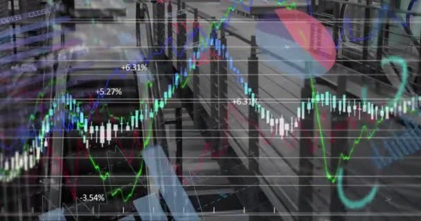 Animatie Van Financiële Gegevensverwerking Roltrap Stad Mondiaal Bedrijfs Financieel Computer — Stockvideo