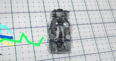 Bozuk para kavanozunda finansal veri işleme animasyonu. Küresel iş, finans, hesaplama ve veri işleme kavramı dijital olarak oluşturulmuş video.