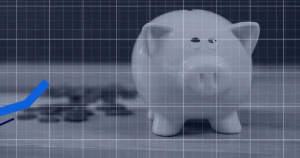 Анимация Обработки Финансовых Данных Над Копилкой Монетами Глобальный Бизнес Финансы — стоковое видео