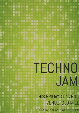 Techno Jam, bu cuma saat 22: 00 'de, eski değirmen meydanında, yeşil şebekede bilet. İllüstrasyon, müzik festivali, sanat, olay, poster, afiş, reklam, şablon ve tasarım.