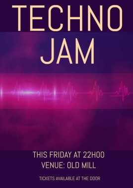 Techno Jam, bu cuma saat 22: 00 'de, eski değirmen meydanı, kapıda biletler ve kalp atışları. İllüstrasyon, müzik festivali, sanat, olay, poster, reklam, şablon, tasarım, ritim.