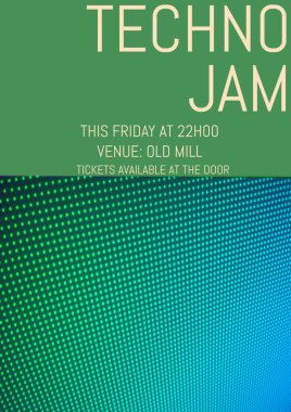 Techno Jam, bu cuma saat 22: 00 'de, eski değirmen meydanı, yeşil ve noktaların kapısında biletler mevcut. İllüstrasyon, müzik festivali, sanat, olay, poster, afiş, reklam, şablon, metin ve tasarım.