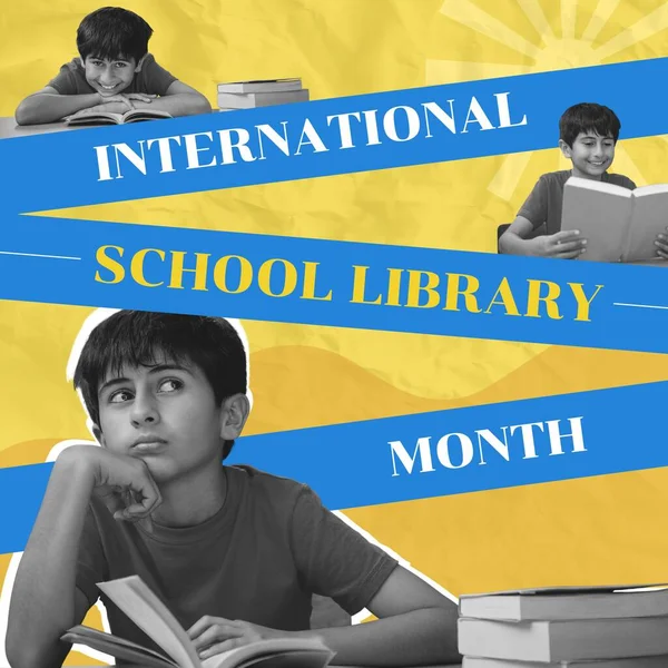 Composite of international school library month text and latino boy reading book and thinking. Childhood, education, knowledge, reading and celebration concept.