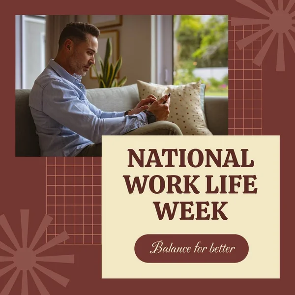National Work Life Week Text Happy Caucasian Man Using Smartphone — Stock Photo, Image