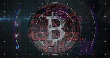 Bitcoin üzerinden finansal veri işleme animasyonu. Küresel iş, finans, hesaplama ve veri işleme kavramı dijital olarak oluşturulmuş video.