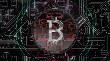 Devre kartı ve bitcoin animasyonu. Küresel iş, finans, hesaplama ve veri işleme kavramı dijital olarak oluşturulmuş video.