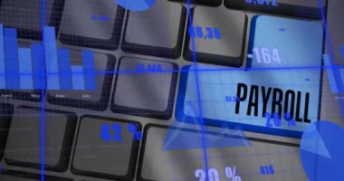 Klavyedeki maaş metni üzerinden finansal veri işleme animasyonu. Küresel iş, finans, hesaplama ve veri işleme kavramı dijital olarak oluşturulmuş video.