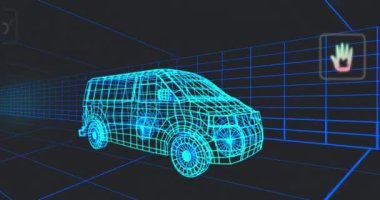 3D Van Modeli üzerinde birden fazla dijital simge tünelde kusursuz bir şekilde hareket ediyor. Otomobil mühendisliği ve sürdürülebilir enerji kavramı