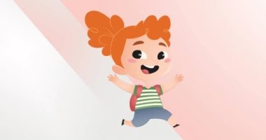 Soyut arka planda çantalı mutlu kız çizgi filmi animasyonu. Dijital olarak üretilen hologram, illüstrasyon, çocukluk, okul, sanat, çizim ve eğitim kavramı.