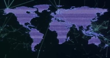 Hatalı harita üzerinden siyah arkaplana bağlı noktaların animasyonu. Dijital olarak üretilen hologram, illüstrasyon, bozulma, iletişim, soyut ve küresel kavram.