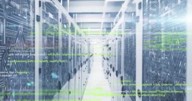 Veri sunucu sistemleri üzerinde hareket eden programlama dillerinin animasyonu ve aydınlatılmış soyut çizgiler. Bileşik, veri merkezi, güvenlik, ağ, teknoloji, ağ sunucusu, kodlama, veri işleme.