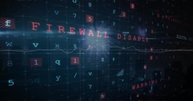 Modern binaların üzerinde grafikler olan birden fazla metin, harf, sayı ve sembolün animasyonu. Dijital olarak oluşturulmuş, hologram, illüstrasyon, parola, rapor, iş ve mimari kavramı.