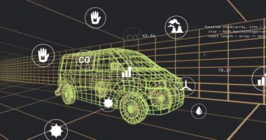 3D Van Modeli üzerinde birden fazla dijital simge tünelde kusursuz bir şekilde hareket ediyor. Otomobil mühendisliği ve sürdürülebilir enerji kavramı