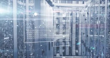 Veri sunucu raflarının üzerinde numara değişen bağlantı noktaları ve ekranların canlandırması. Dijital olarak oluşturulmuş, ağ oluşturma, veri merkezi, güvenlik, teknoloji, telekomünikasyon, ağ sunucusu.