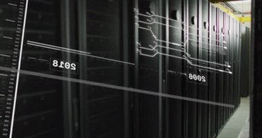 Veri sunucu rafları üzerinde hareket eden programlama dili ve numaralarıyla ekranların animasyonu. Dijital bileşik, ağ oluşturma, veri merkezi, güvenlik, teknoloji, ağ sunucusu, kodlama, veri işleme.