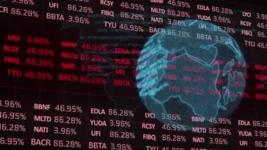Dünya çevresindeki çizgilerin animasyonu ve kara arkaplanla harita üzerinde ticaret tahtası. Dijital olarak üretilen hologram, illüstrasyon, iş, büyüme, borsa ve küreselleşme kavramı.