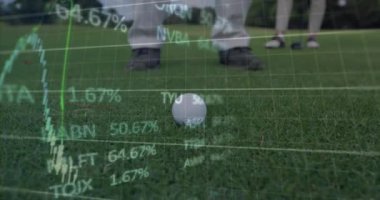 Erkek golfçü üzerinden finansal veri işleme animasyonu. Küresel spor, iş, finans, bilgisayar ve veri işleme kavramı dijital olarak oluşturulmuş video.