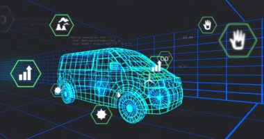 3D Van Modeli üzerinde birden fazla dijital simge tünelde kusursuz bir şekilde hareket ediyor. Otomobil mühendisliği ve sürdürülebilir enerji kavramı