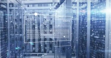 Veri sunucu raflarının üzerinde numara değişen bağlantı noktaları ve ekranların canlandırması. Dijital olarak oluşturulmuş, ağ oluşturma, veri merkezi, güvenlik, teknoloji, telekomünikasyon, ağ sunucusu.