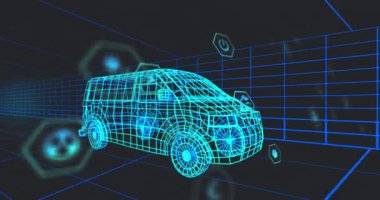 3D Van Modeli üzerinde birden fazla dijital simge tünelde kusursuz bir şekilde hareket ediyor. Otomobil mühendisliği ve sürdürülebilir enerji kavramı