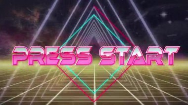 Neon metaverse arkaplan üzerinden başlat metninin canlandırması. Küresel video oyunu, dijital arayüz, iletişim, bilgisayar ve veri işleme kavramı dijital olarak oluşturuldu.