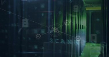 Sunucu odasında birden fazla kelime ve harf bulunan bağlı grafiklerin ve dünya simgelerinin canlandırılması. Dijital bileşik, ağ oluşturma, veri merkezi, güvenlik, teknoloji, ağ sunucusu, internet, rapor.