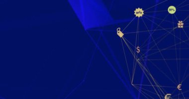 Bağlı el arabalarının, satışların, fiyat etiketlerinin ve para birimi simgelerinin mavi arka planda küre oluşturulmasının animasyonu. Hologram, dijital olarak üretilmiş, alışveriş, finans, ekonomi, perakende, e-ticaret, indirim.