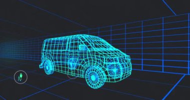 3D Van Modeli üzerinde birden fazla dijital simge tünelde kusursuz bir şekilde hareket ediyor. Otomobil mühendisliği ve sürdürülebilir enerji kavramı