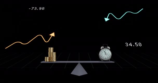 Animation Financial Data Processing Scales Stacks Coins Alarm Clock Global — Stock Video