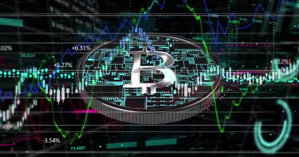 Pénzügyi Adatok Bitcoin Feletti Feldolgozásának Animációja Globális Üzleti Pénzügyi Számítástechnikai — Stock videók