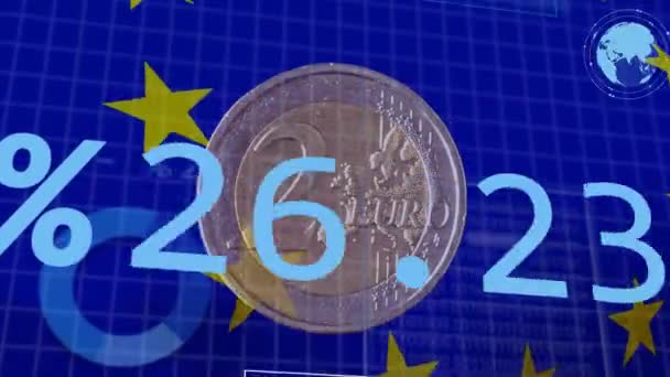 Animación Del Procesamiento Datos Financieros Sobre Bandera Del Euro Moneda — Vídeos de Stock